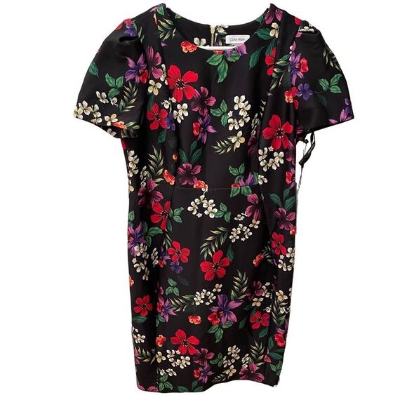 Calvin Klein Womens Scuba Dress 14P Black Floral Sheath Rear Gilded Puff Sleeve - Picture 1 of 9